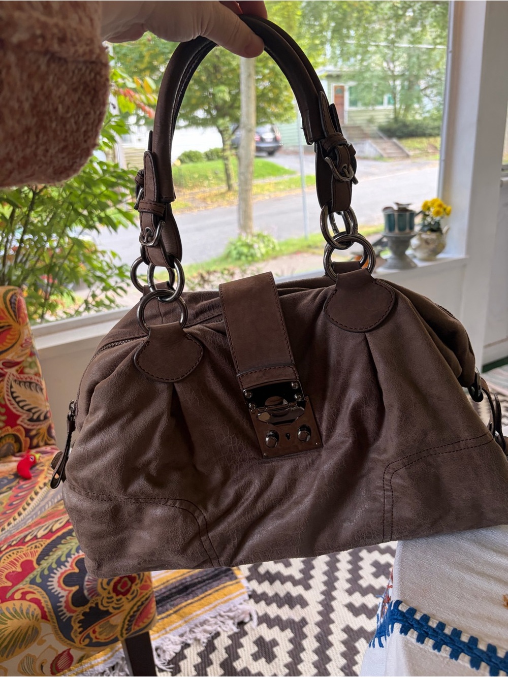 Basket Distressed Leather Duffle Purse with gunmetal hardware